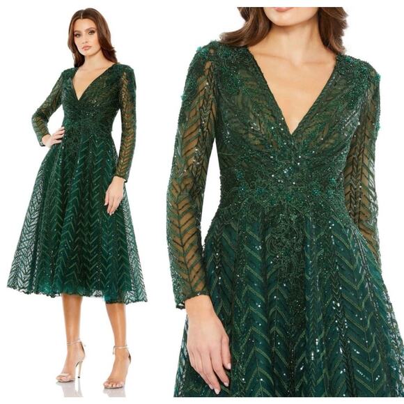 Mac Duggal 20399 Long Sleeve Midi Party Dress New with Tags Emerald Green sz 12 - Picture 1 of 7